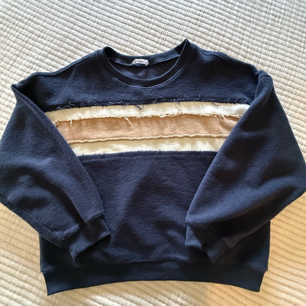 Aemi+Co Women's Navy Stripe Crewneck with Tan and Cream Bands - Picture 5 of 7